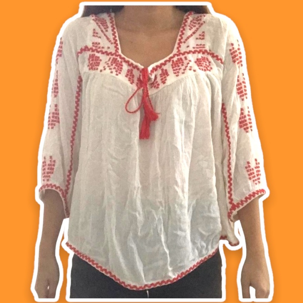 Forever 21 Red & White Embroidered Shirt